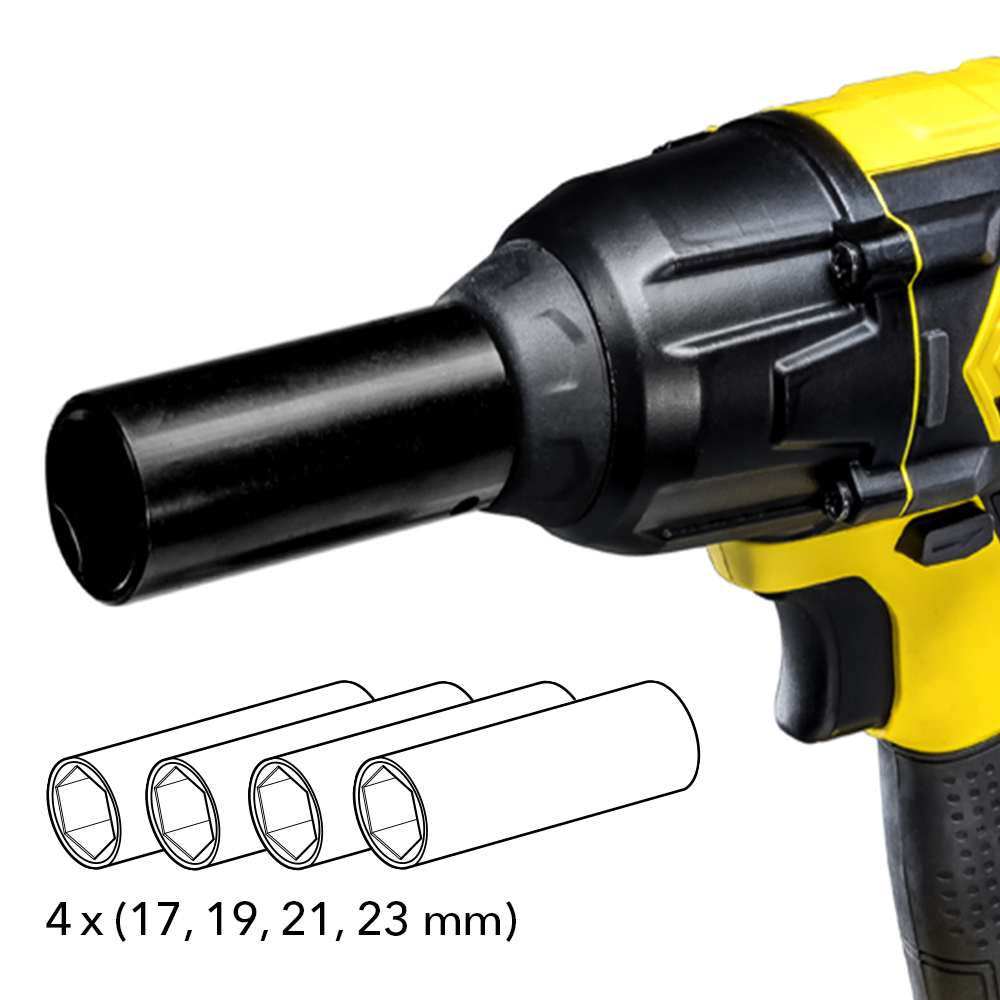 El atornillador de impacto con batería dispone de un cuadrado exterior de 1/2" a modo de portaherramientas. Además de los 4 cabezales tubulares incluidos en el envío (17/19/21/23 mm), también se pueden acoplar al portaherramientas una gran variedad de