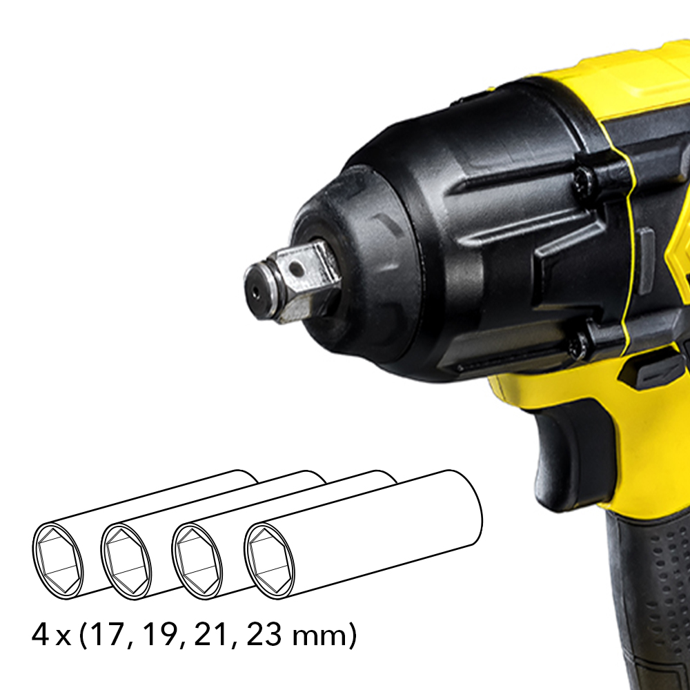 El atornillador de impacto con batería dispone de un cuadrado exterior de 1/2" a modo de portaherramientas. Además de los 4 cabezales tubulares incluidos en el envío (17/19/21/23 mm), también se pueden acoplar al portaherramientas una gran variedad de